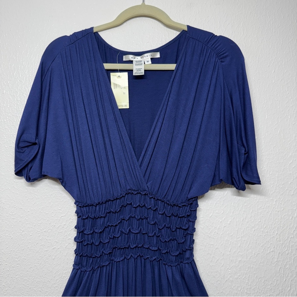 NWT Max Studio Navy Smocked-Waist Jumpsuit with V-Neck - Picture 2 of 5
